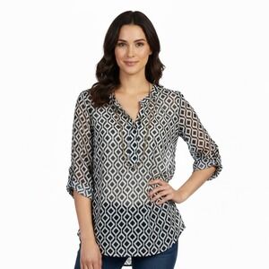 41Hawthorn Womens Blouse Geometric Navy White Sheer‎ Studded V Neck Top Size S